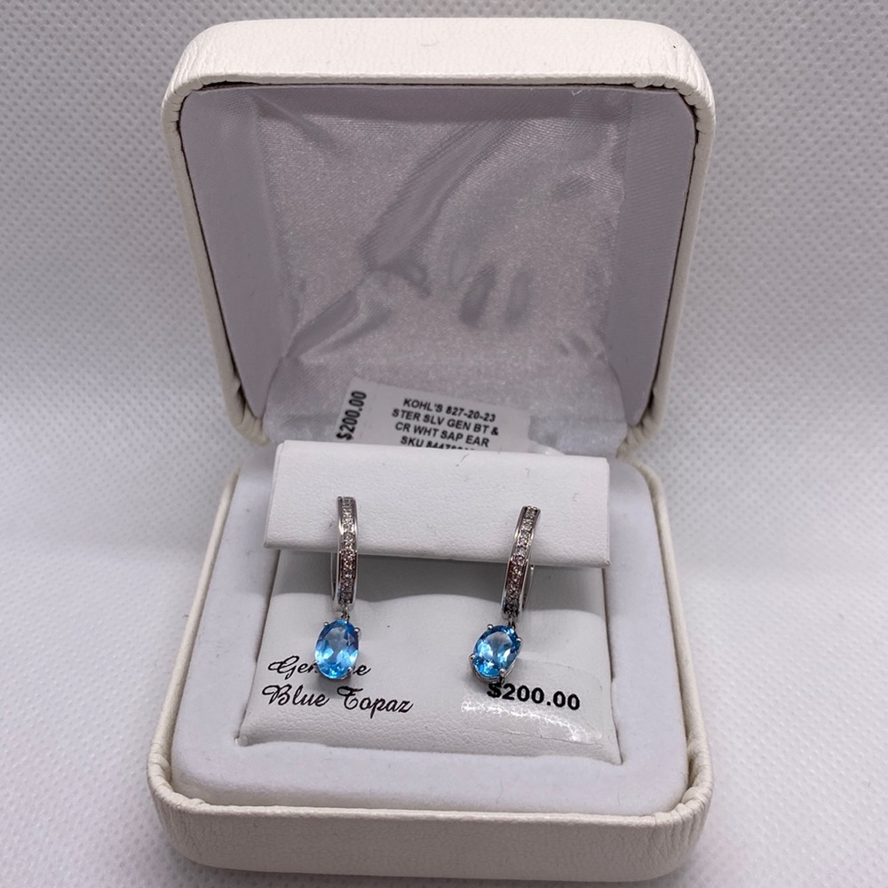 Sterling Silver Genuine Blue Topaz & CR White Sapphire hoop earrings
